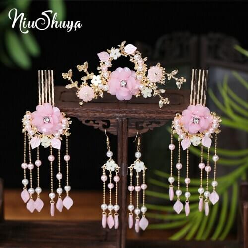 NiuShuya Sweet Vintage Hanfu Headdress Pink Flower Classical Tassel Steps Shake Hairpins Cheongsam Hair Accessorie