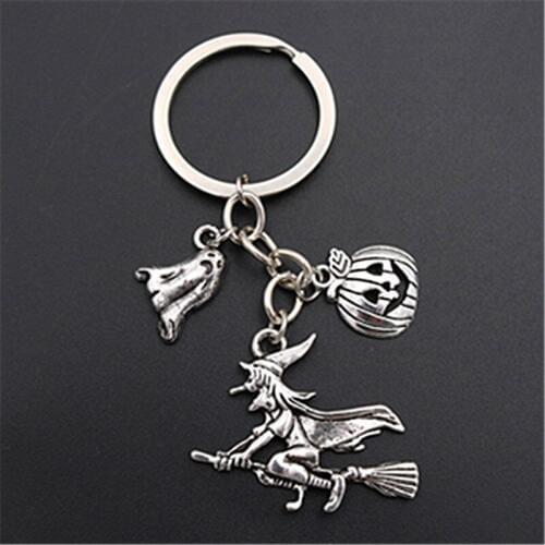 WKOUD 1pc Silver Plated Halloween Witch * Ghost * Pumpkin Elf * Glamour Creative Manual DIY Alloy Key Chain A1380