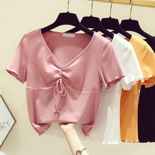 Casual Tee Crop Top Ladies Short Sleeve T Shirt For Woman Simple T-shirt Basic Stretch Drawstring Style T-shirts Women Harajuku