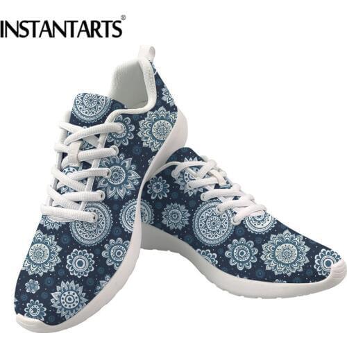 INSTANTARTS Bohemian Flower Pattern Lacing Women Flat Shoes Casual Mesh Comfortable Sneakers Female Lightweight Flats for Ladies