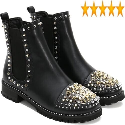 Women WInter Punk Rivets Fashion Stuuded Chelsea Genuine Leather Shoes Block Heels Casual Female Motorcycle Ankle Boots