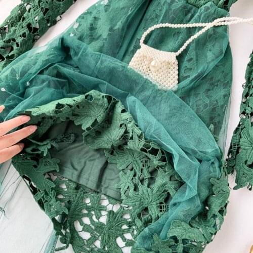 Women Lace Hollow Out Mesh Patchwork Solid Dresses Spring Summer Womens O Neck Long Sleeve High Waist Slim Dress