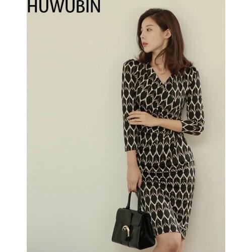 New Slim Fit And Thin Buttocks Ol Temperament Celebrity Style Split V-Neck 7 / 6 Sleeve Sexy Base Medium Length Printed Dress