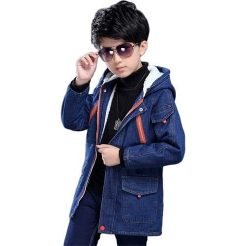 Winter Denim Jacket For Boy Korean Version Plus Velvet Thickening Keep Warm Mid-Length Hooded Collar Casual Childrens Clothing