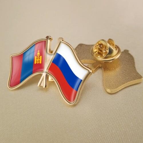 Mongolia and Russian Federation Crossed Double Friendship Flags Lapel Pins Brooch Badges