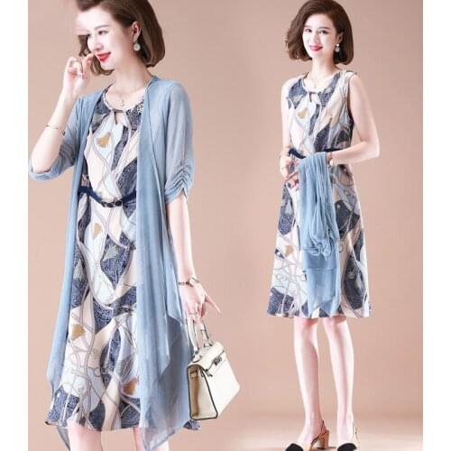 2Pcs/Set Vintage Flower Women Sleeveless Kaftan Dress with Cardigan Casual Women Long Female Tunic elegant Vintage Dress New201