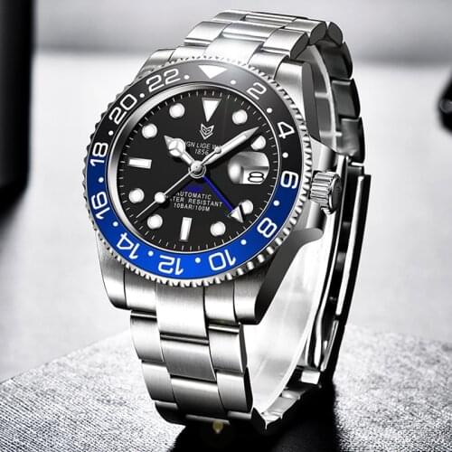 2021 New LIGE GMT Watch Men Automatic Watch Ceramic Bezel Waterproof Sport Mechanical Wristwatch Sapphire Glass 316L Steel Clock