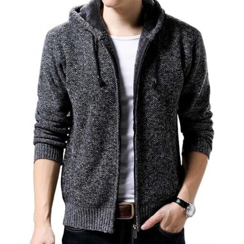 40%HOTMen Autumn Winter Long Sleeve Plush Liner Zip Pockets Knitted Hooded Coat Jacket