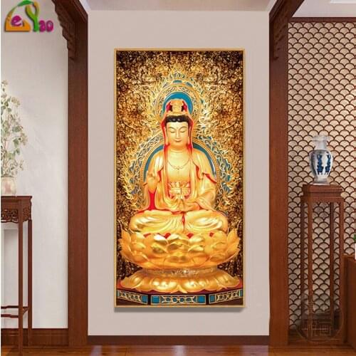 Diamond embroidered golden sitting lotus Guanyin Bodhisattva porch Buddhist Zen vertical diamond painting 2021 new large size