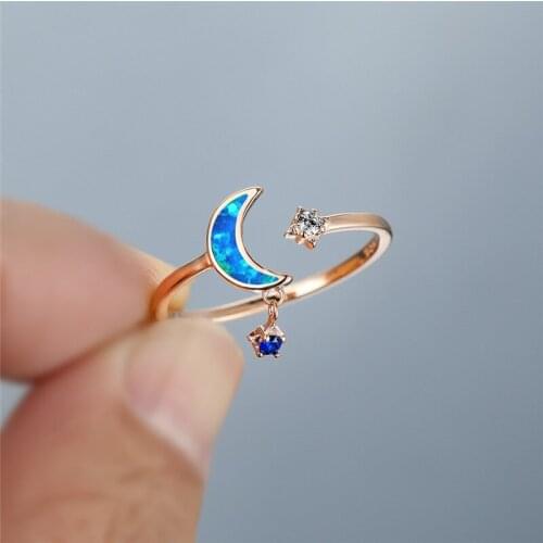 White Blue Opal Crystal Stone Engagement Ring Cute Female Star Moon Pendant Ring Vintage Rose Gold Color Opening Rings For Women