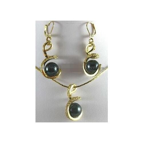 Free Shipping >> 12mm Black South sea Shell Pearl Earrings & Necklace Pendant Set AAA