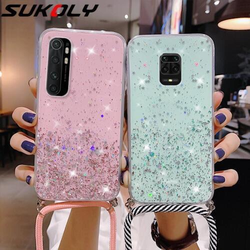 Sparkle Glitter Strap Cord Chain Lanyard Case For Xiaomi 10T Pro Mi Poco X3 NFC Note 10 Lite Mi 11 Redmi Note 9 Pro 9s 8T 8 Pro