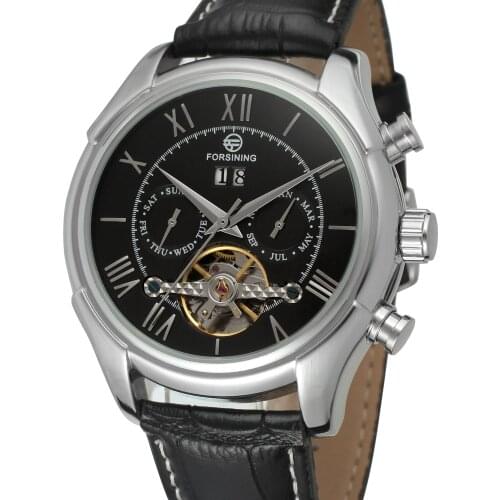 FORSINING Men Mechanical Wrist Watch Leather Strap Tourbillion Sub-dial Calendar Dial Silver Bezel Top Brand Luxury Auto Watch