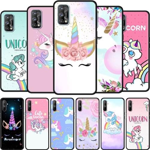 Black Soft Case For Realme 6 7 Pro C3 5 8 XT GT Neo X50 C15 C11 C21 C25 7i Luxury Shockproof Phone Cover Rainbow Unicorn Shell