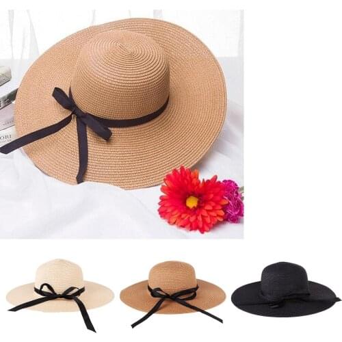 Women Girls Derby Cap Floppy Fold Wide Brim Bowknot Sun Hat Summer Beach Straw Hat