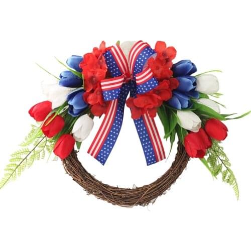 Artificial Tulip Wreath Patriotic 4Th of July Americana Independence Day Wreath for Front Door Wall Window Wedding Decor