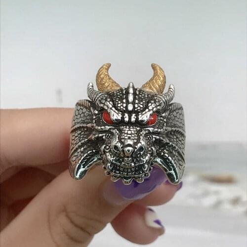 New Fashion Dragon Rings Silvery Dyed Black Mens Retro Anti Evil Good Luck Adjustable Personality Ring Gothic Jewelry For Party
