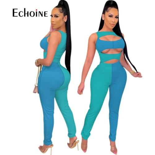 Echoine Women Ribbed Patchwork Legging Pants Set Sleeveless Cut Out Tank Tops Matching 2 Two Piece Set Yoga Tracksuit Outfit