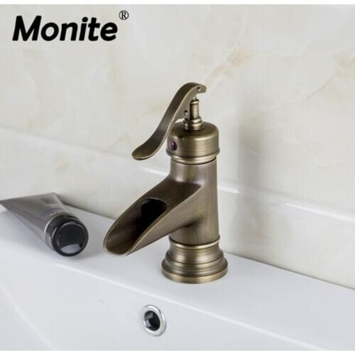 Monite Waterfall Basin Faucet Deck Mounted Antique Brass Bathroom Basin Faucets Mixer Tap Art Design Control Handle