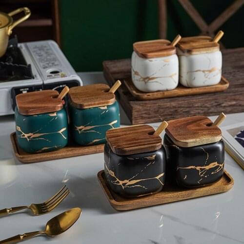 2PCS Spice Jar Set With Wooden Tray Marble Ceramic Seasoning Sugar Salt Bottle Kitchen Table Storage Container Modern Home Decor