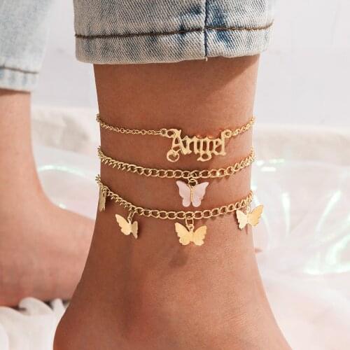HuangTang Charming Butterfly Pendant Anklets Sets for Women Gold Color Letter Beach Anklet Jewelry Accessories Party 17410