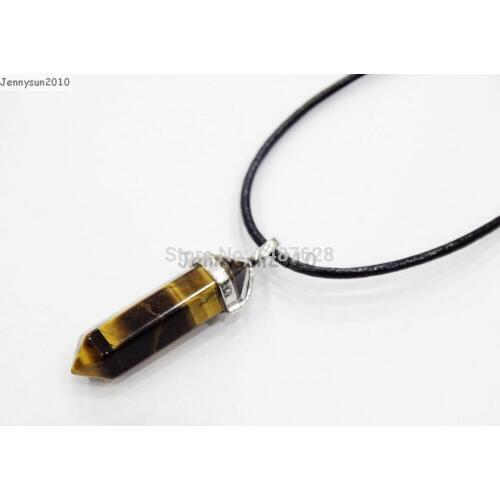 Natural Tigers Eye Gems Stones Hexagonal Pointed Healing Reiki Chakra Pendant Black Leather Cord Necklace18''lnch 5 Sets/Pack