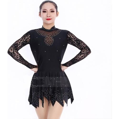 Rhythmic Gymnastics Clothing Black Long Sleeve Lace Rhinestone Dress Professional Ice Skating Stage Performance Costumes DQL5870