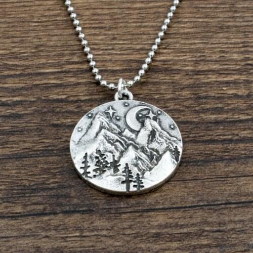 Nature Mountains Pine Tree And Moon Necklace Mens Tiny Wilderness Camping Hiking Forest Charm Pendant