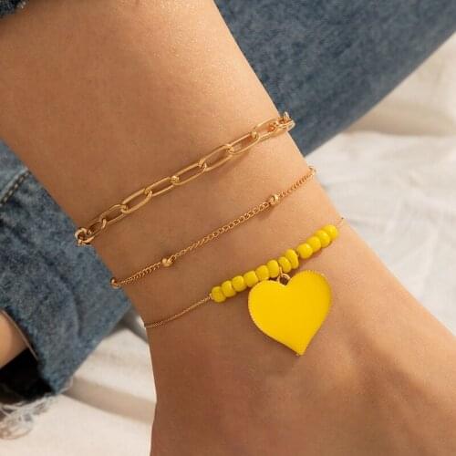Docona 3pcs/set Charms Yellow Heart Beaded Anklets for Women Bohemian Geometry Layered Adjustable Foot Chains Gold Jewelry 16254