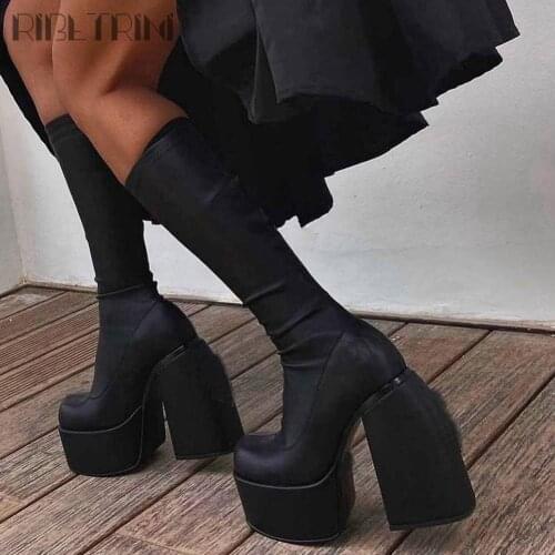 2021 Brand New Female Block Heel Zipper Platform Mid Calf Boots Fashion Design Party Dress Solid Round Toe Shoes For Women