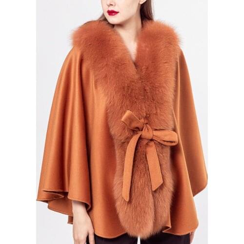100% wool shawl with natural fox fur collar with belt with fur collar trimming cape wrap furry autumn luxurious 2021