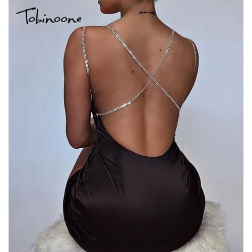 Tobinoone Dismonds Sexy Bodycon Backless Summer Satin Dress Women V Neck Hollow Out Club Mini Dresses Ladies Party Short Dress