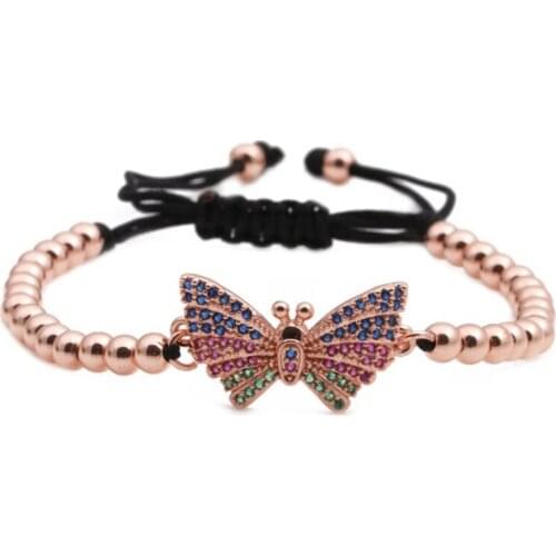 FYJS Unique Rose Gold Color Butterfly with Cubic Zirconia Metal Ball Beads Stretchy Bracelet Temperament Jewelry