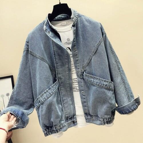Spring Autumn Denim Jacket Female Solid Vintage Jacket Korean Loose student Denim Jacket Women Bat sleeve cowboy Outerwear R364