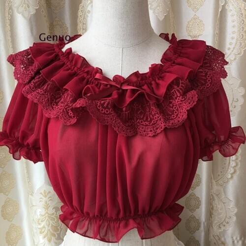 Women Lace Chiffon Semi Sheer Blouse Ruched Shoulder Off Lace Ruffle Short Sleeves Loose Undershirt Lolita Crop Top for Ladies