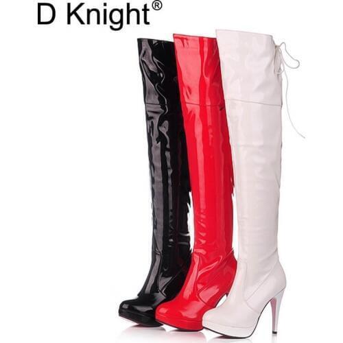 Plus Size 43 Sexy Patent Platform High Heeled Over The Knee Boots For Women Ladies Pole Dancing Boots Women High Heels Tall Boot