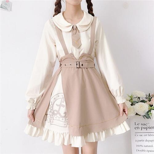College Elegant Sweet suit femininity 2019 new Japanese style Peter pan Collar shirt + high waist strap dress Lolita two-piece