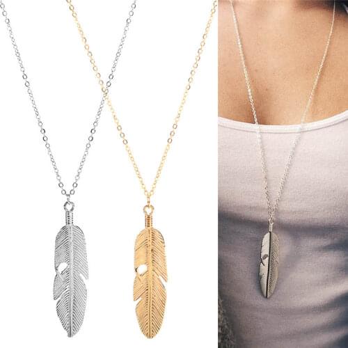 Fashion Simple Gold Color Metal Feather Pendant Necklace for Women Leaf Shaped Female Long Sweater Chain Girls Jewelry Gifts
