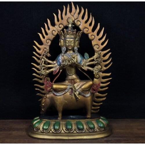 12" Tibet Buddhism Old Bronze Painted Morichi Buddha Goddess of Light Vairocana Riding Pig King Kong Bright Buddha Statue