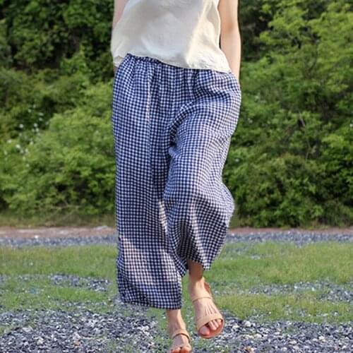 19 Cotton Blue White Small Lattice Degree Of Tightness Lace Waist Head Pulling Rope Easy Leisure Time Nine Part Pants h190425