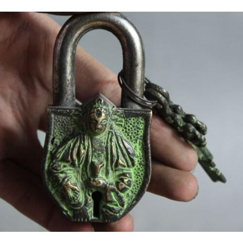 Free shipping Old Tibet Tantra Buddhism pure bronze God Buddha Statue Latch lock&key Set