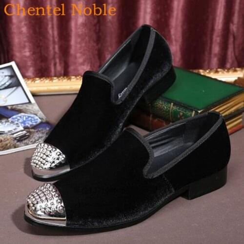 Chentel Noble Manual Rivet Fashion Mens Flock Dress Shoes Flats Bottom Handsome Casual Mens Shoes Black Color Wedding Party