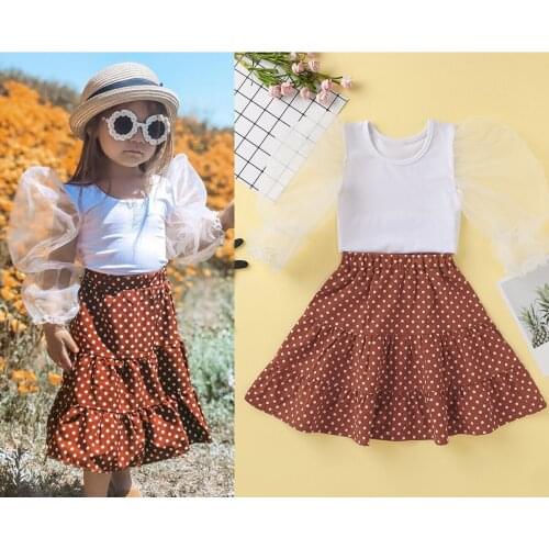 FOCUSNORM Summer Girls Clothes Sets 1-6Y Lace Puff Sleeve White T Shirts Polka Dot Print A-Line Skirts