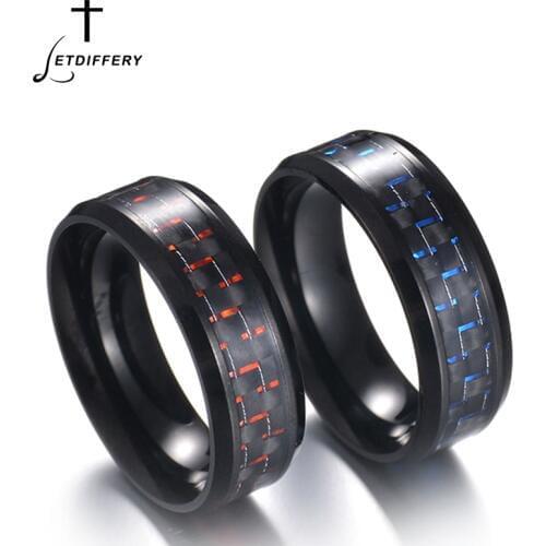 Letdiffery Charm Blue Red Carbon Fiber Rings for Couple Black Stainless Steel Ring Anniversary Gifts Anel Masculino Jewelry