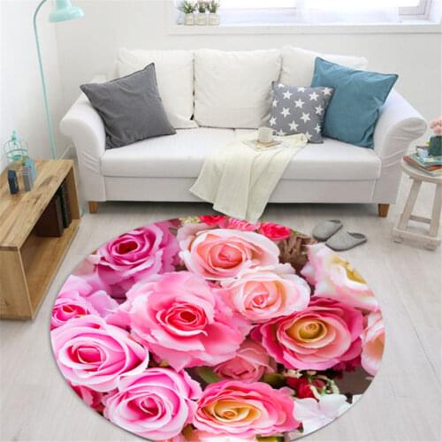 Rose Floral 3D Round Rug Romantic Large Dining Room Rug Soft Carpet For Living Room Non-slip Carpet Desk Chair 100CM 120CM