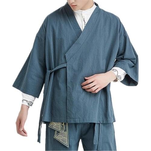 2021 Summer Chinese Style Linen Jacket Hanfu Men Costume Suit Loose Large Size Cotton Linen Retro Style Tang Suit Robe Male