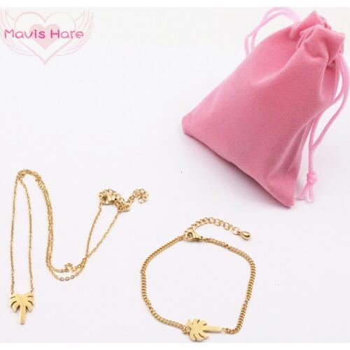 Mavis Hare Stainless Steel The Palm Tree Necklace Bracelet Gift Bag Set include 7*9cm Pink flannelette bag for Christmas Gift