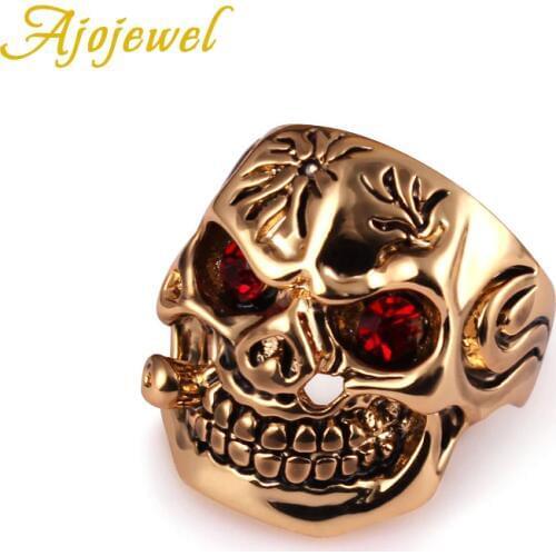 Ajojewel Size 8-10 Gold-color Mens Skull Rings With Red Crystal Eyes Anillo Cristal Rojo Punk