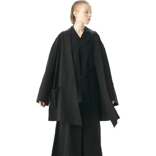 Mens trench coat jacket kimono super loose oversize dark black
