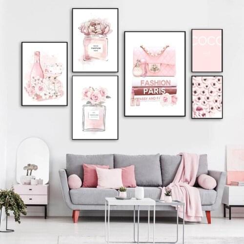 Wall Pictures Grils Bedroom Fashion Canvas Painting Lip Perfume Bottle Pink Flowers Poster For Living Room Decor Home Decoration